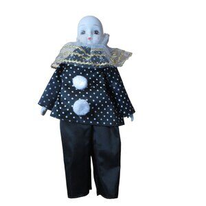 Porcelain 13" Clown Doll in Blue & White Polka Dots - Vintage 1990s